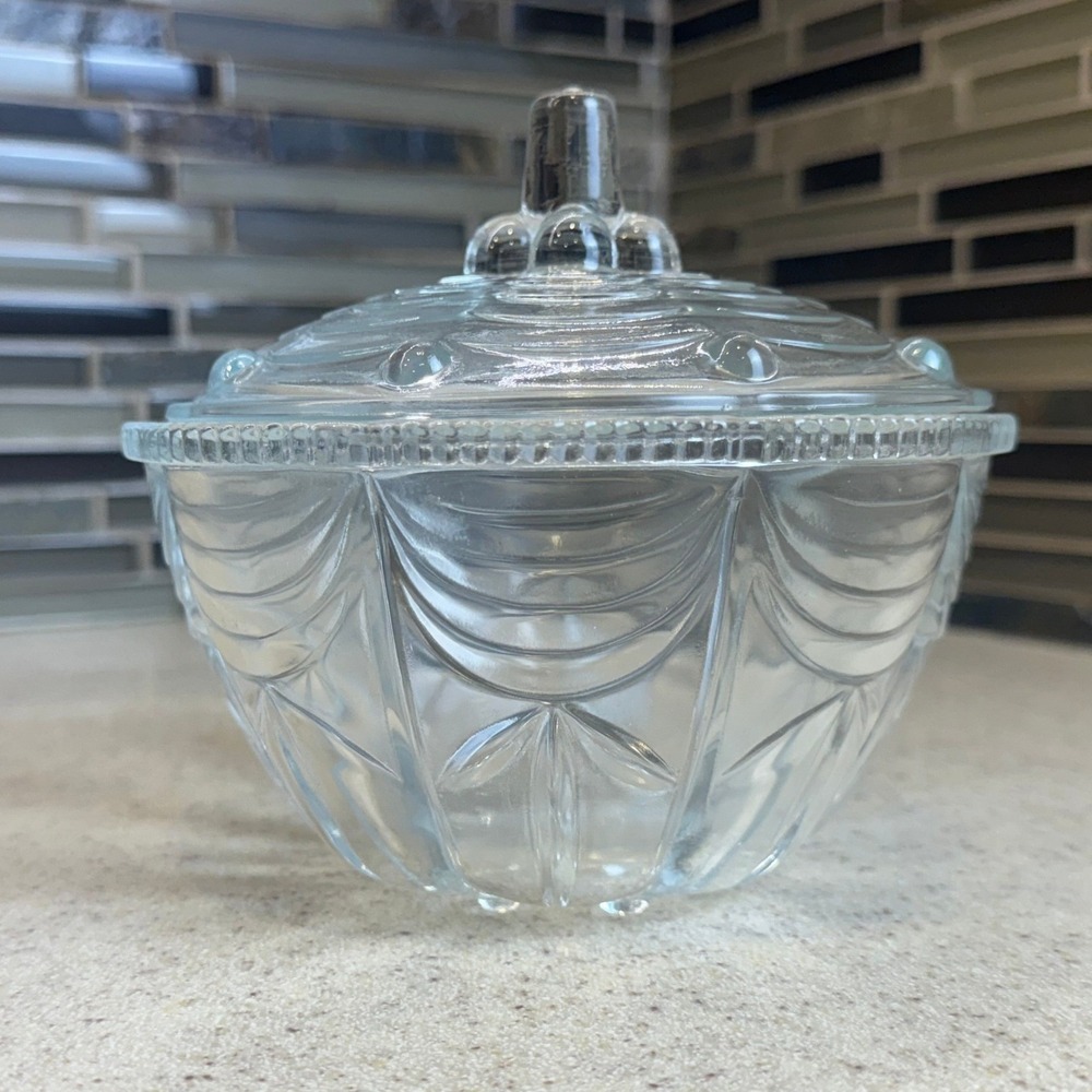 KIG Indonesia Clear Pressed Glass Candy Dish with Lid Swag and Scallop‎ Pattern